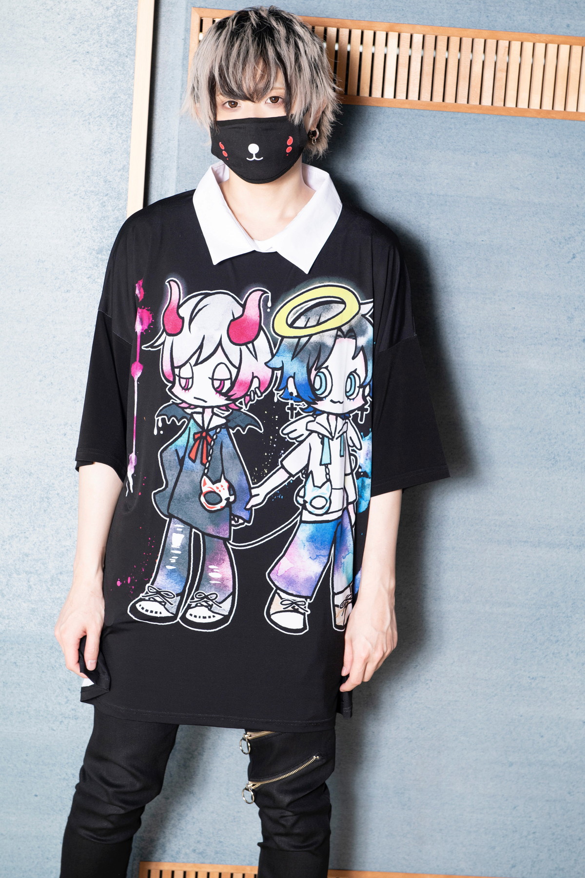 前後リアル中二版天使(俊)と悪魔(凌)シャツ襟Tシャツ