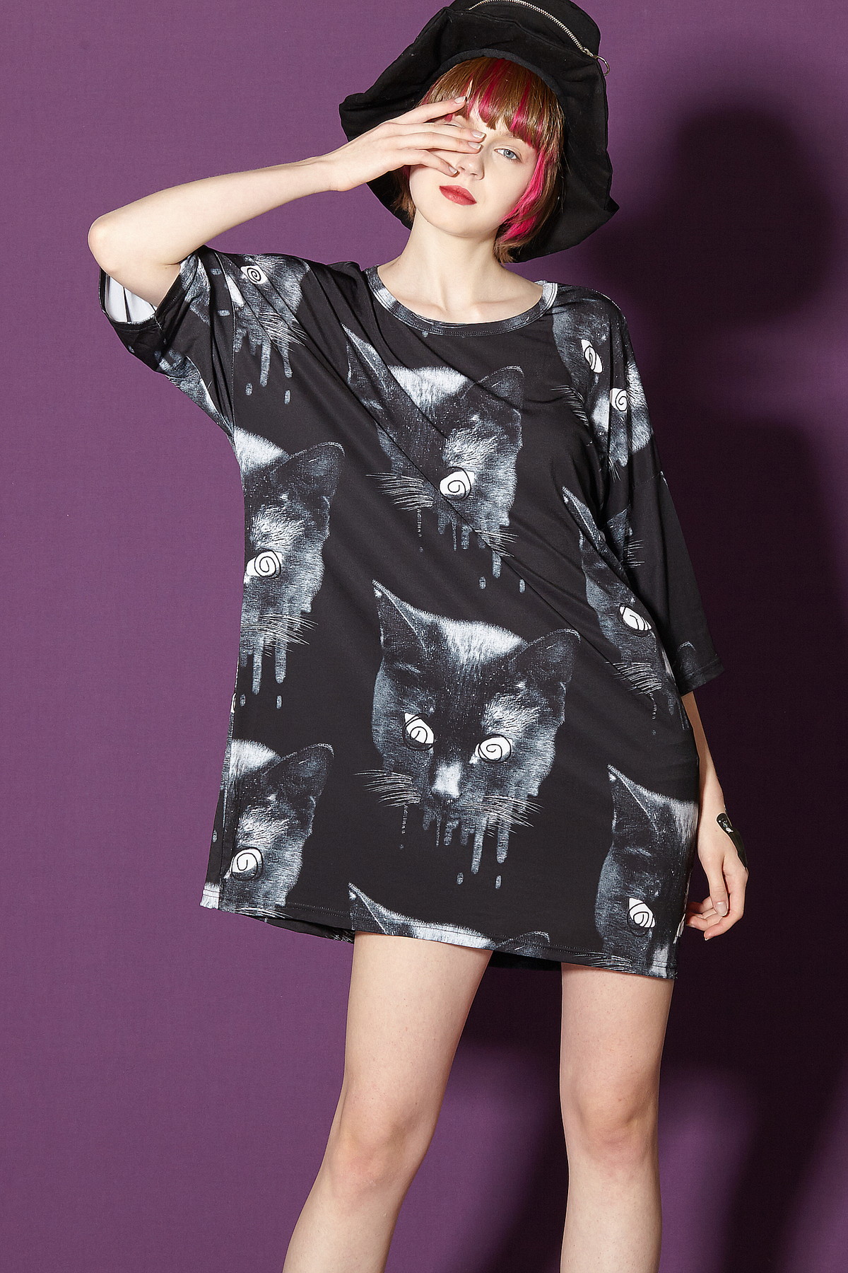 ankoROCKモノクローム黒猫Ｔシャツ -メガビッグ-