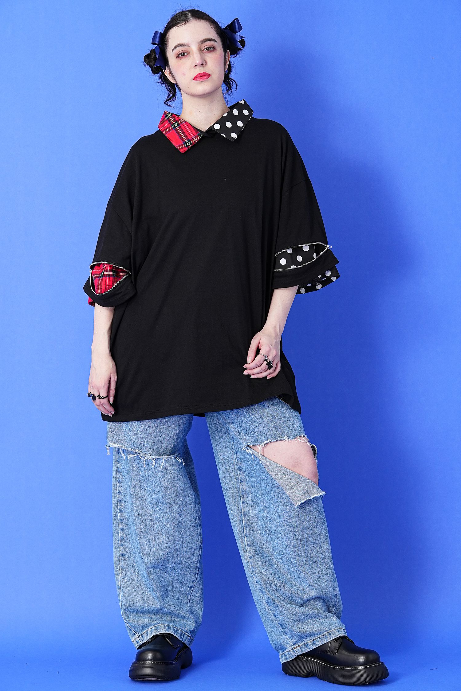 オープンジップフェイクレイヤーアシメパターンシャツTシャツ
