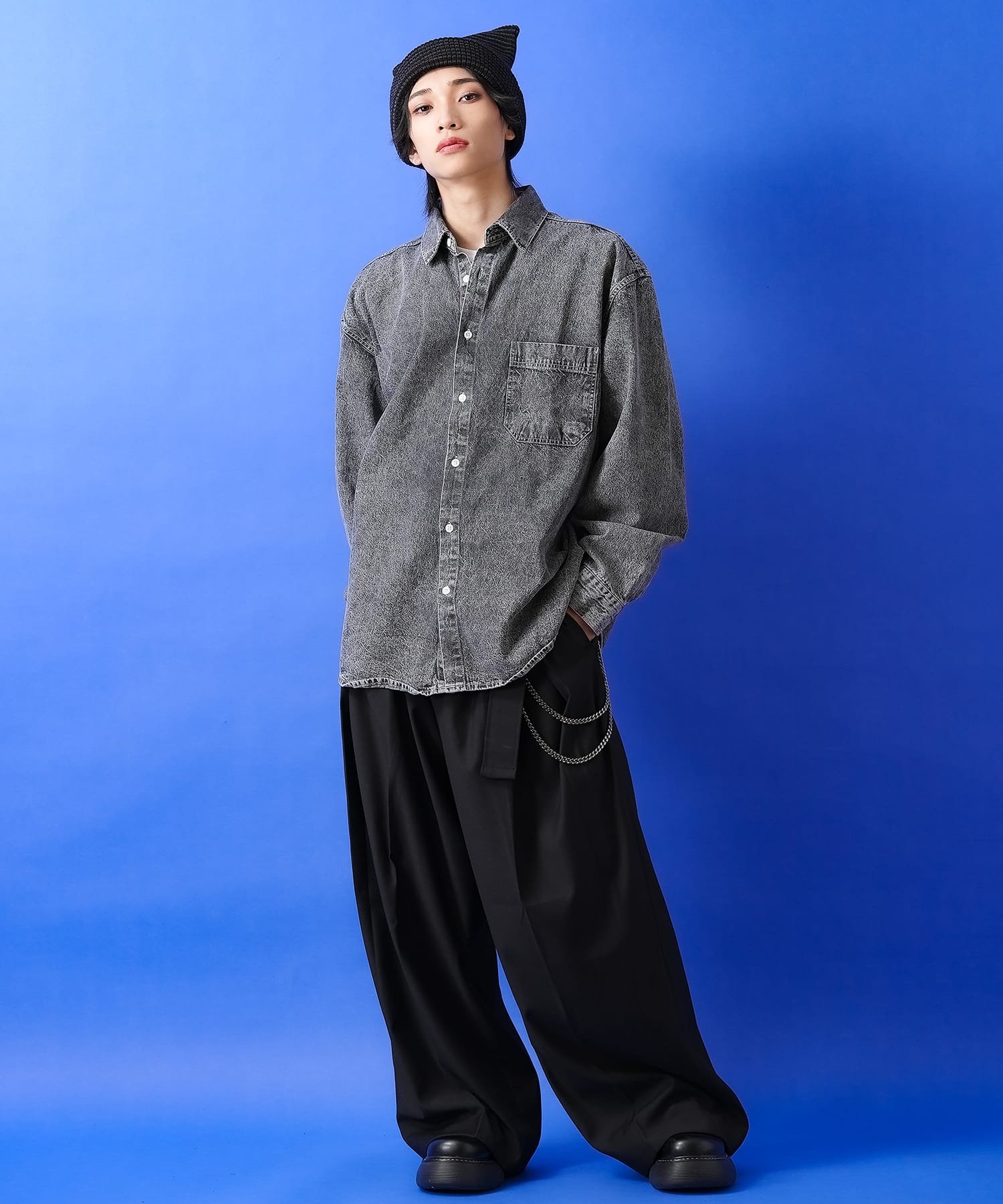 ゴシックパンクロックサイドチェーンラビットイヤーボーダーシャギーニット帽ピンク黒 ゴシックパンクロックサイドチェーンラビットイヤーボーダーシャギー