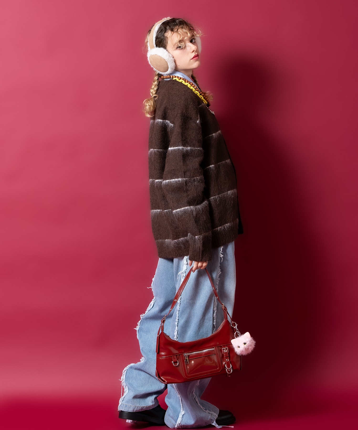 ロッキンベルト装飾クリアポケット合成皮革ハンドバッグ / ユニ