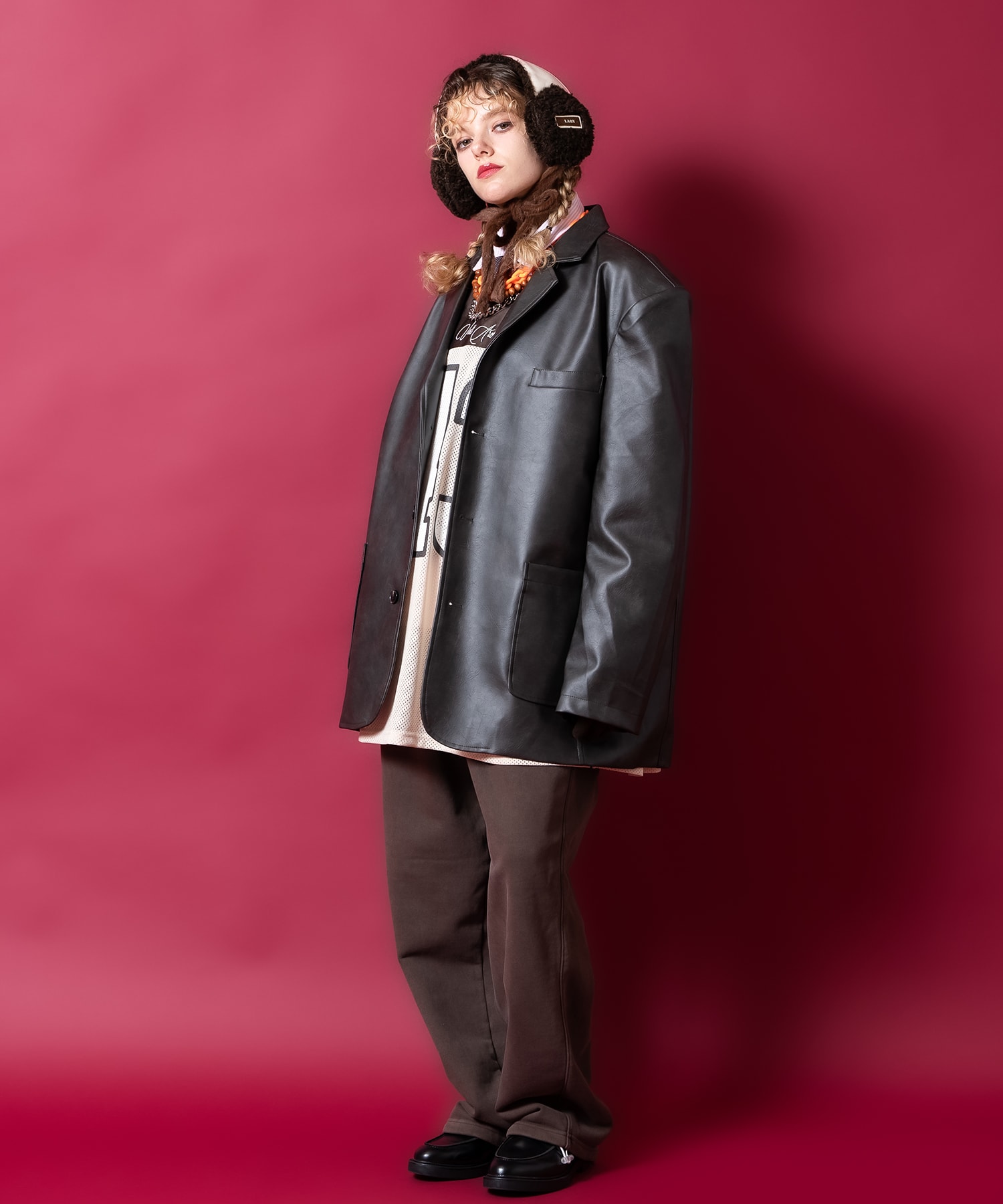 ボア×合成皮革リバーシブル切替ファーコードイヤーマフ / 耳当て