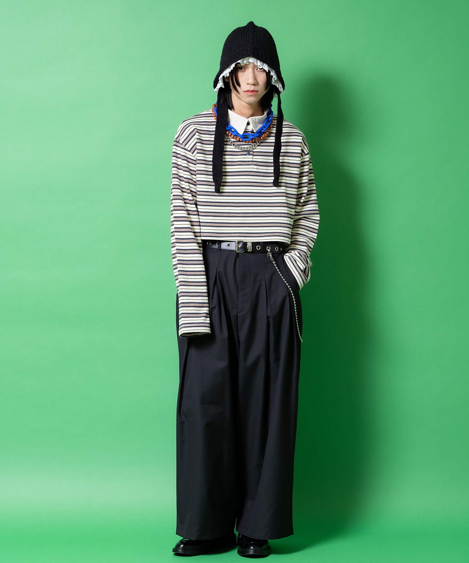 レースフリルレイヤードウールタッチアクリルニットボンネットハット