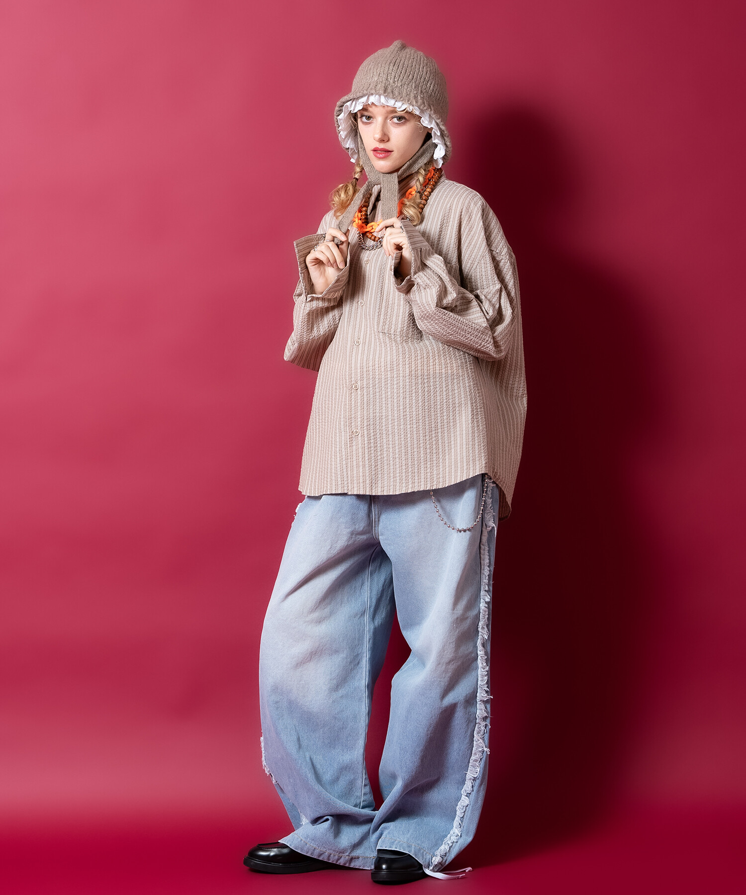 レースフリルレイヤードウールタッチアクリルニットボンネットハット