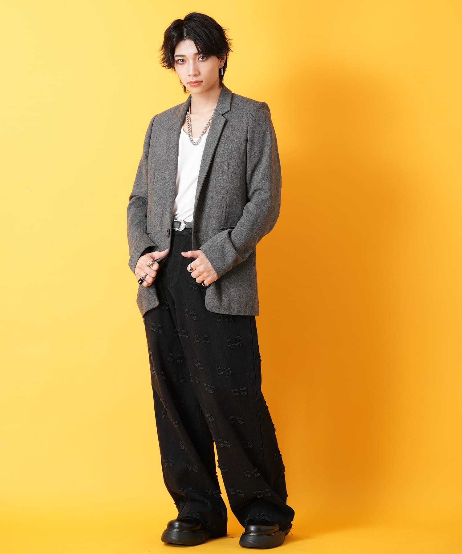 ダメージ加工 メンズ 脚長 スキニ―パンツ クラッシュ加工 ブラック L