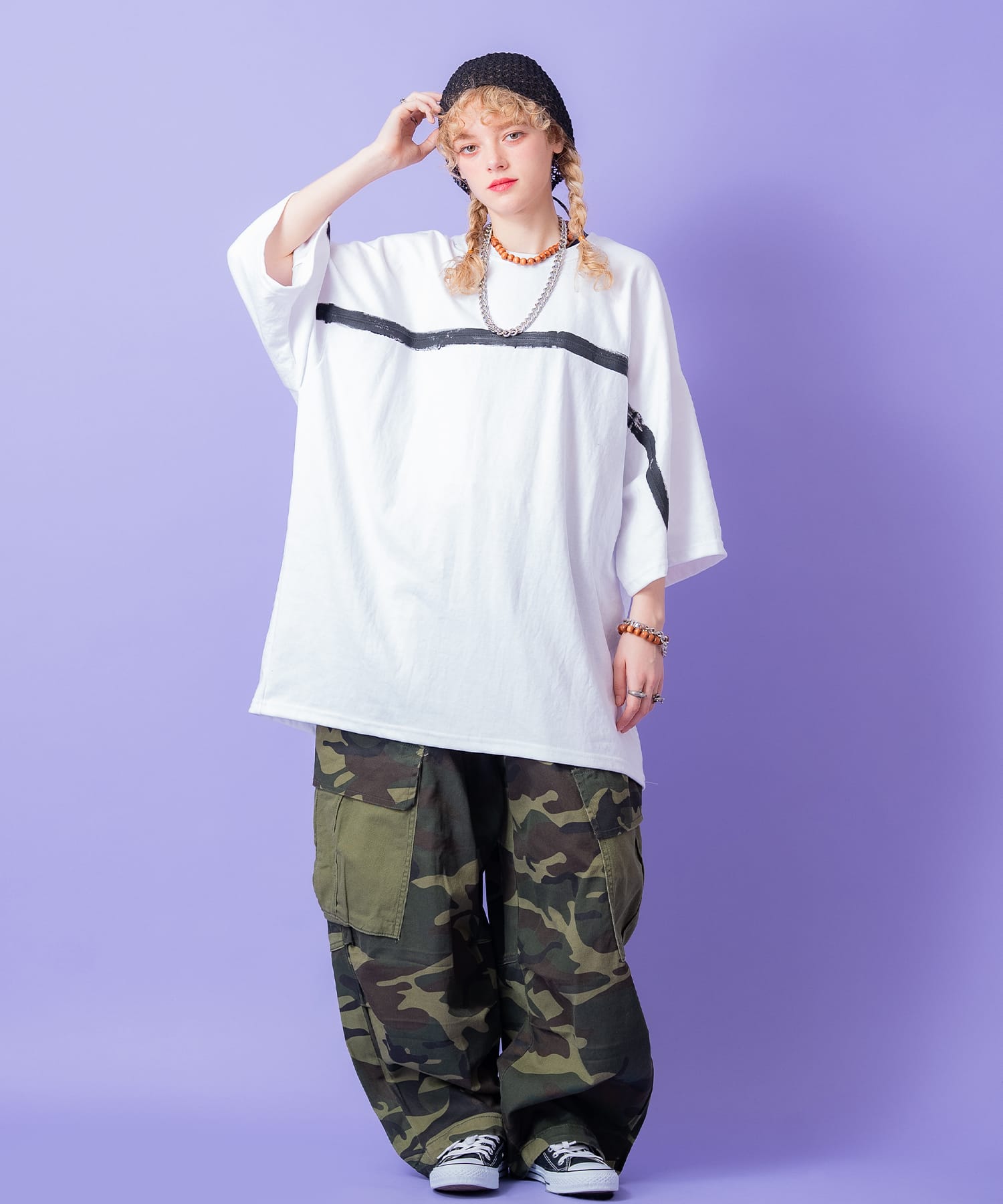 カラーブロック切替サイドポケットカモフラコットンワイドカーゴパンツ