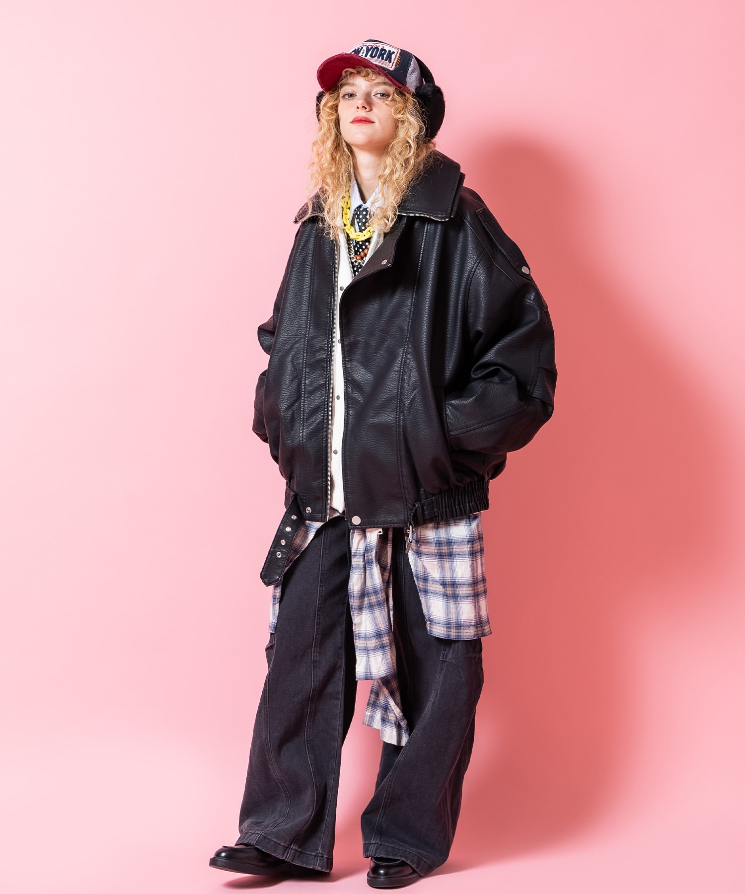 ダブルカラー合成皮革オーバーサイズアシンメトリーラペルダブル