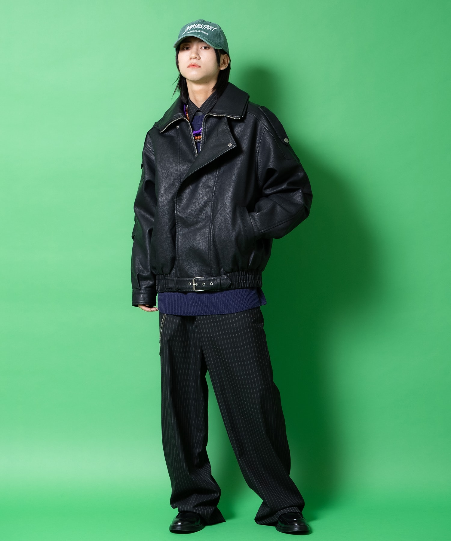 ダブルカラー合成皮革オーバーサイズアシンメトリーラペルダブル