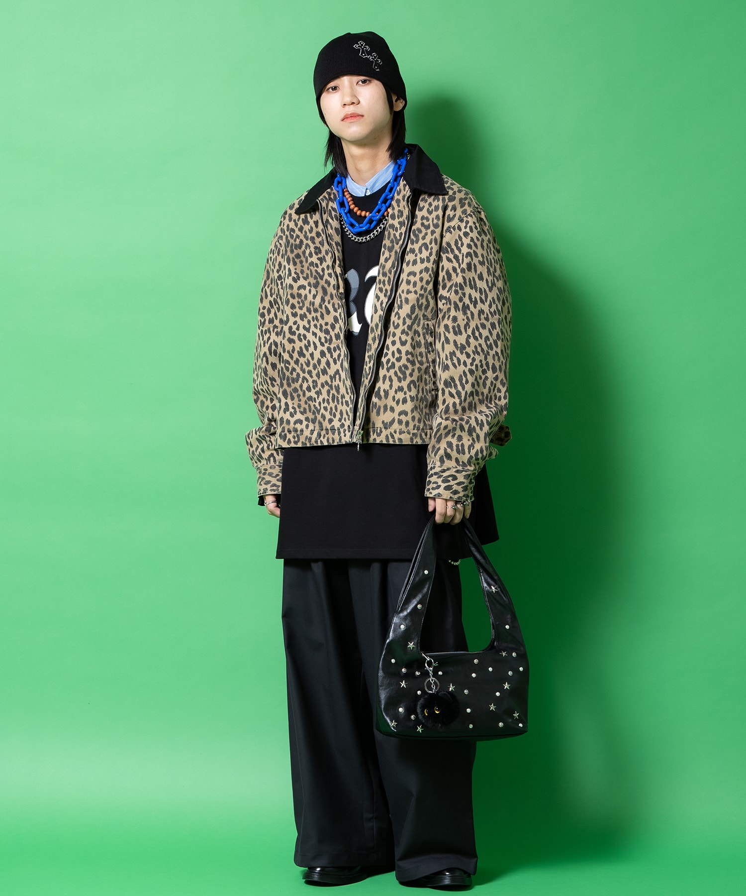 ブラック襟切替レオパードコットン短丈ワークジャケット / ユニ