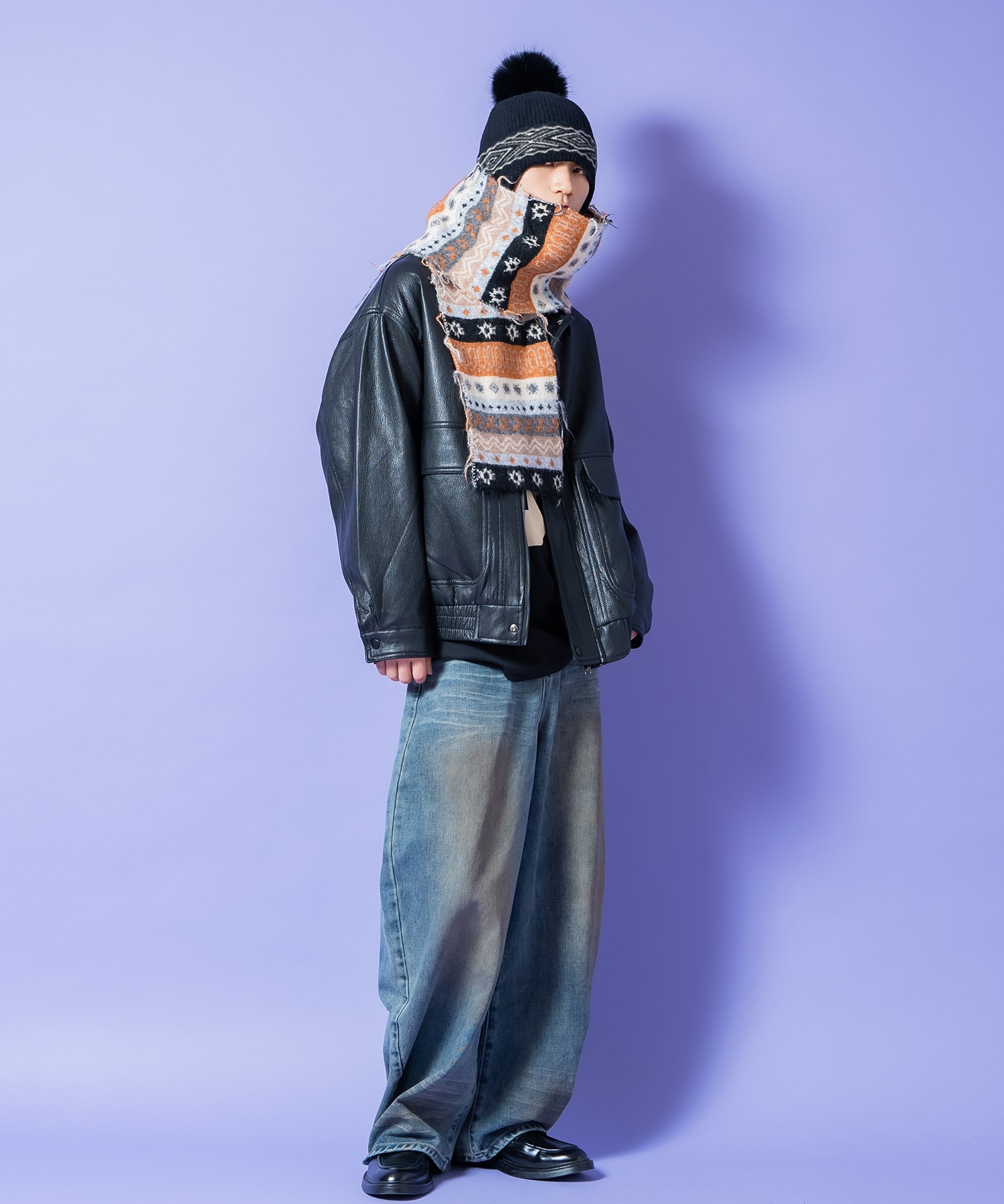 ヴィンテージ加工合成皮革オーバーサイズ比翼ブルゾンA2ジャケット