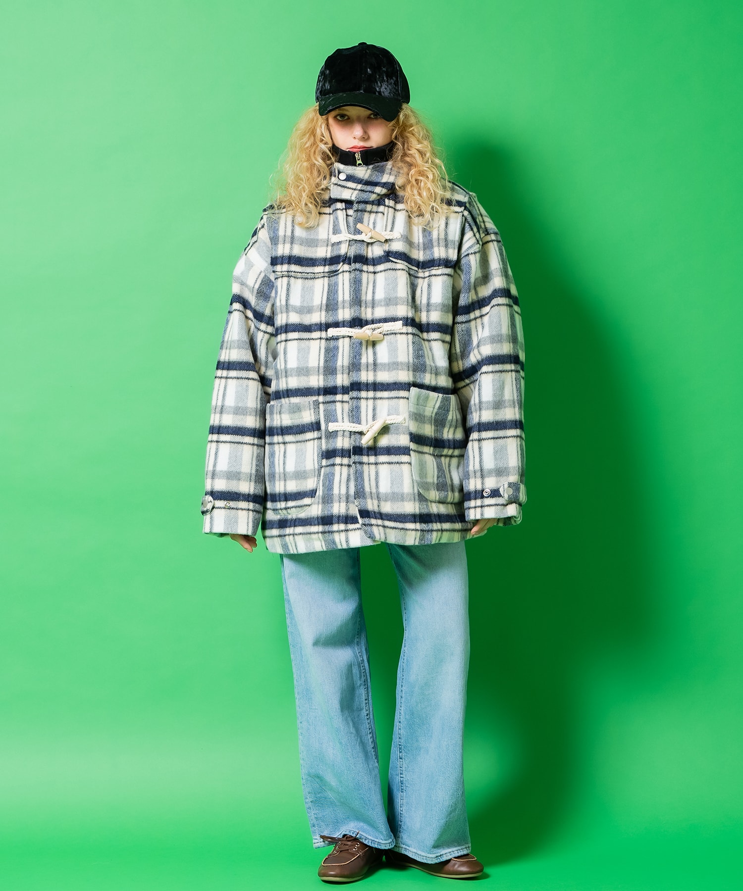 起毛ファータッチ肉厚チェックオーバーサイズ中綿ダッフルコート