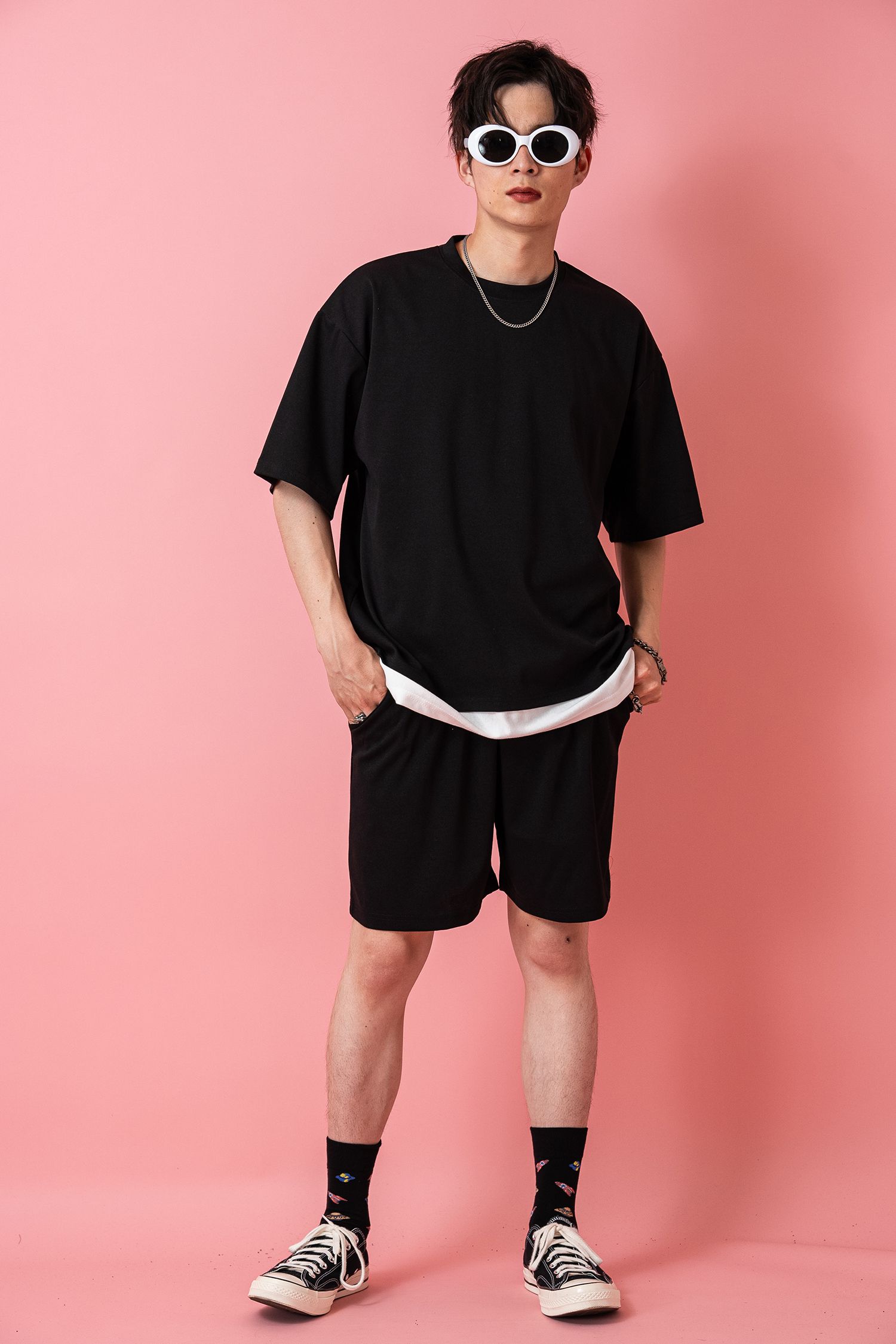 フェイクレイヤーTシャツ＆ショートパンツセットアップ / メンズ