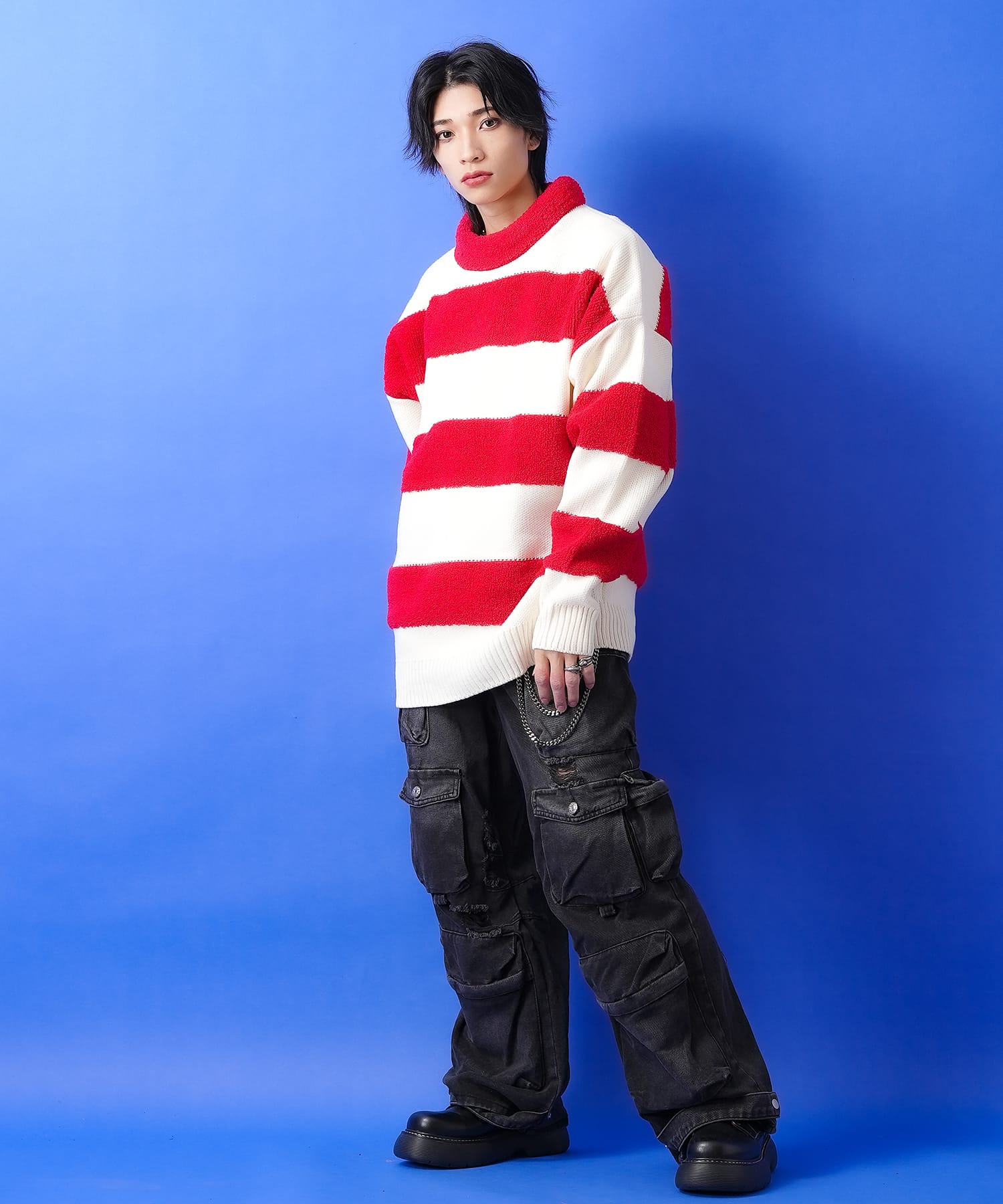 3Dパイルボアボーダーモックネックニットセーター / メンズ