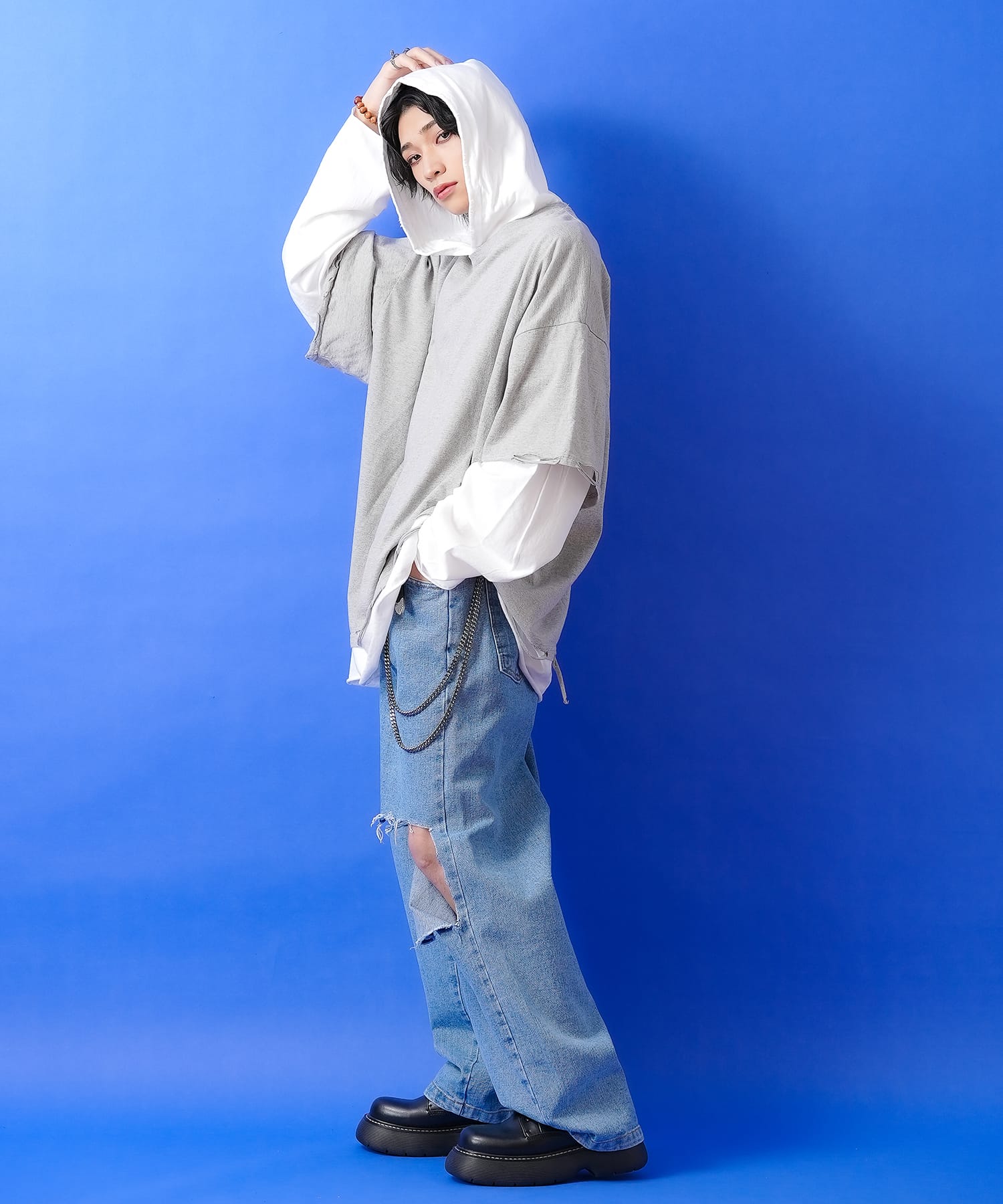 フェイクレイヤード＆ダメージフーディーカットソー / メンズ