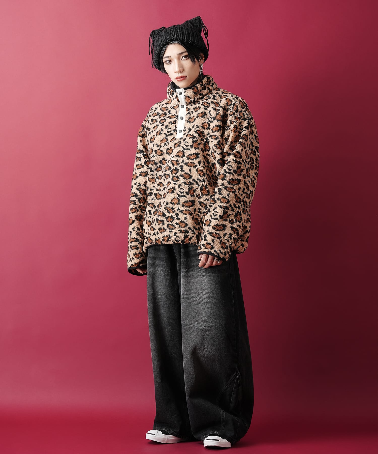 ロドリリオン　レオパード　ブルゾン セール】ボア×レオパード切替スタンドカラージャケット（ブルゾン