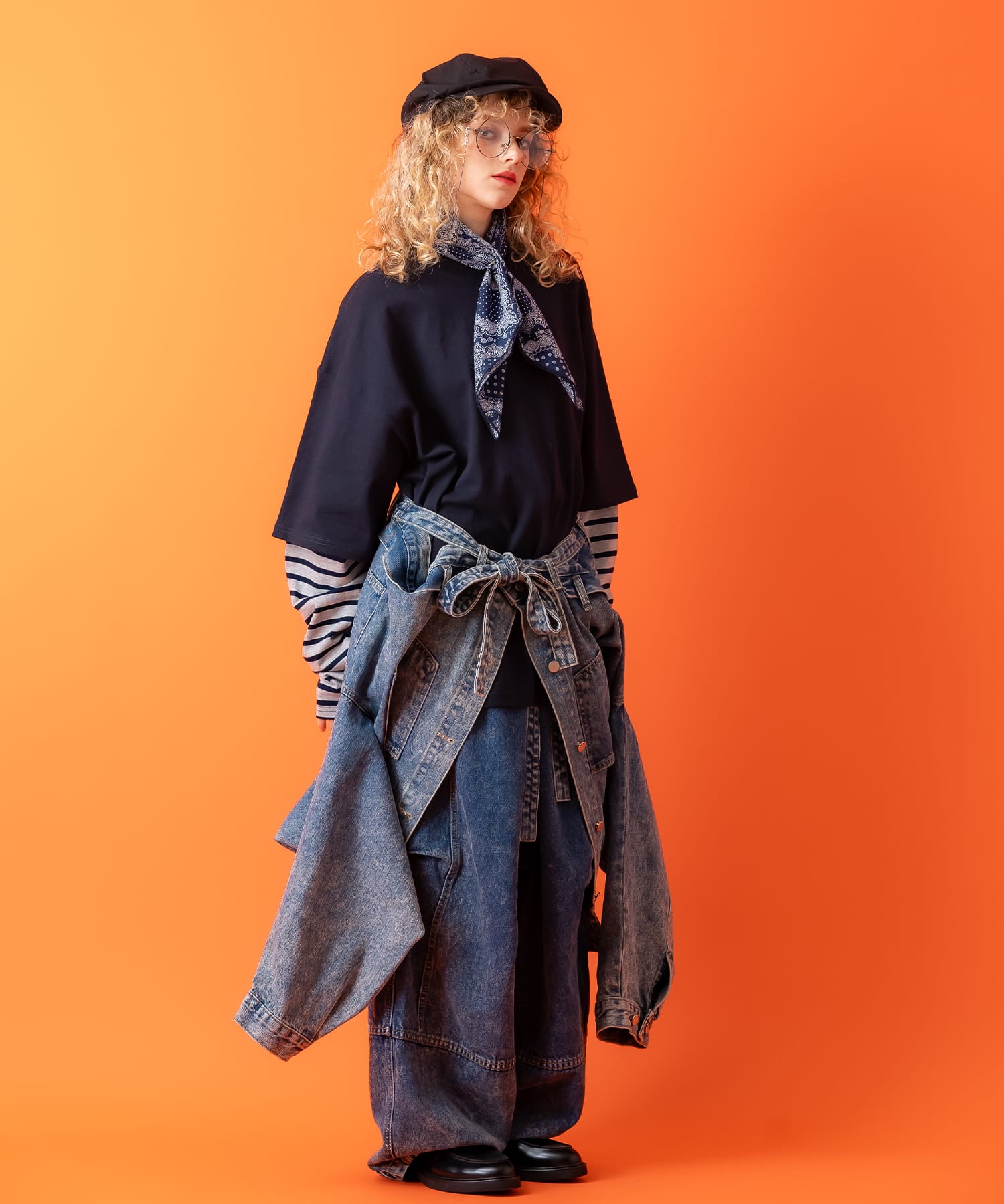 ボーダースリーブフェイクレイヤードスウェットカットソー / 長袖