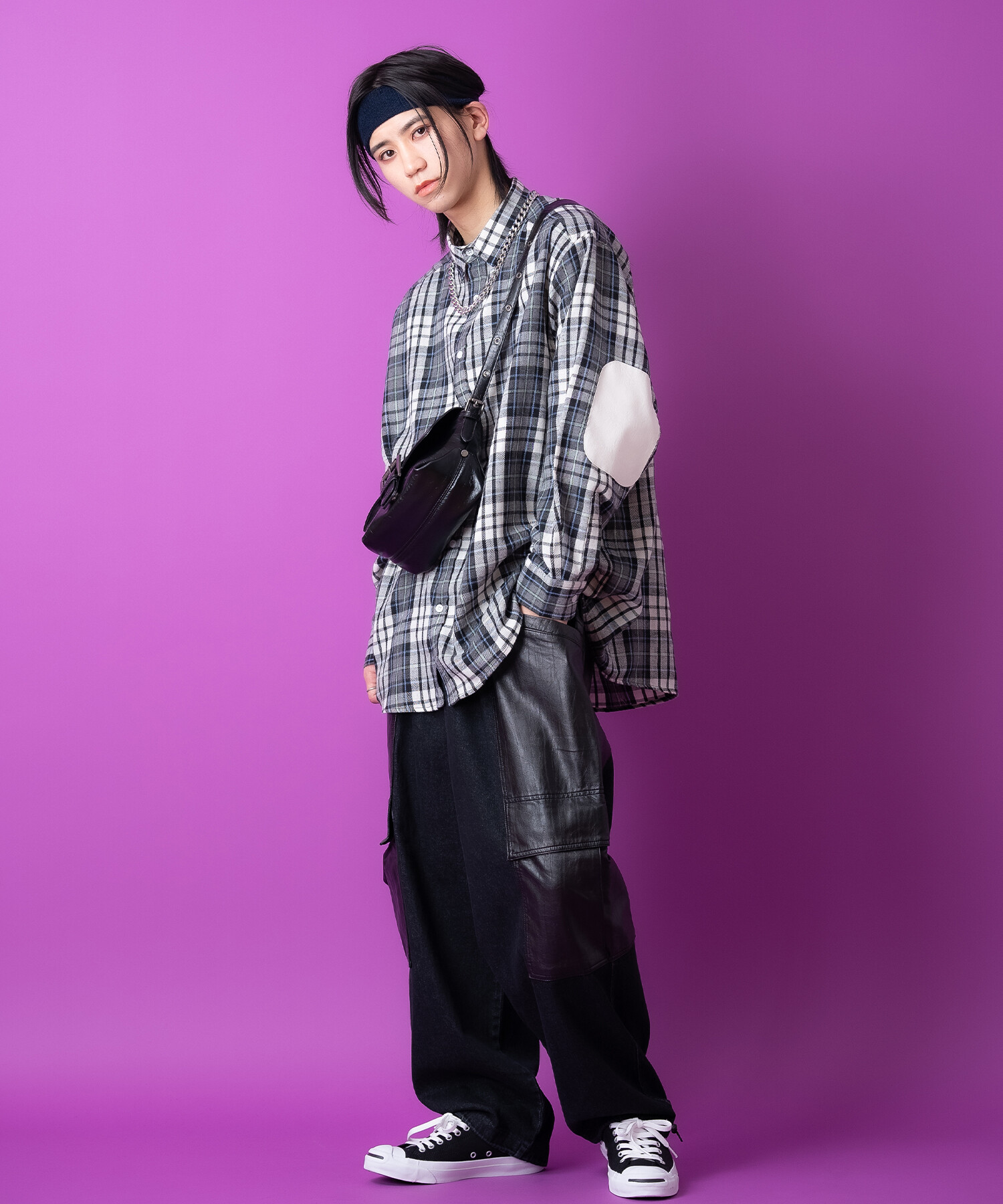 合成皮革エルボーパッチチェックネルシャツ / 長袖 ブラウス 柄 メンズ