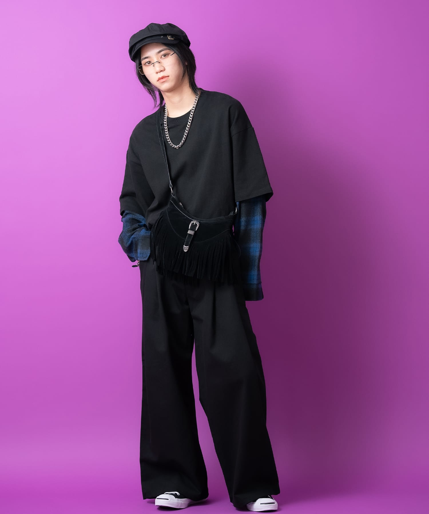 ブロックチェック柄ネルシャツアームフェイクレイヤードスウェット