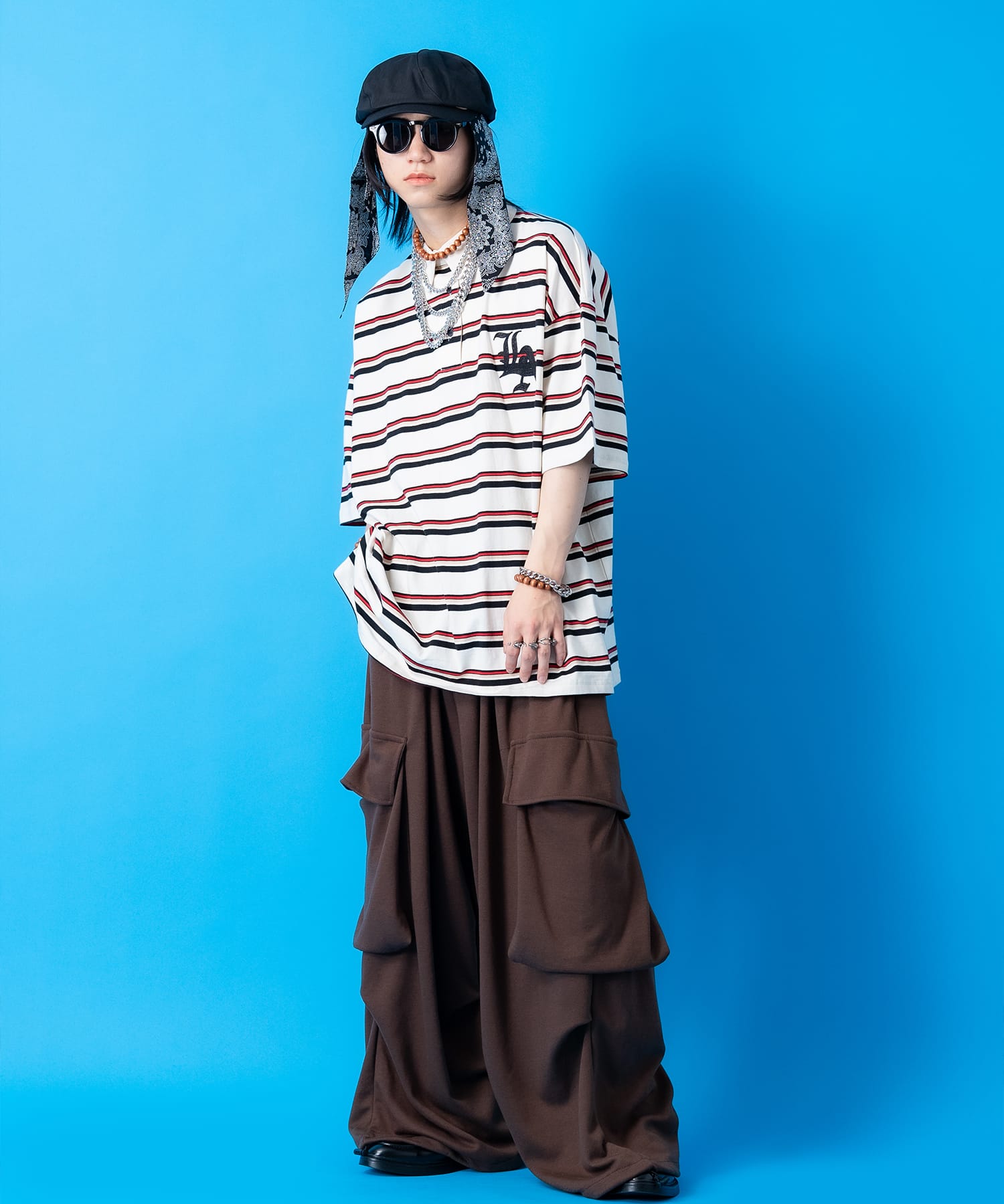 ワンポイントロゴ刺繍×ビッグナンバリングプリントボーダー柄オーバー