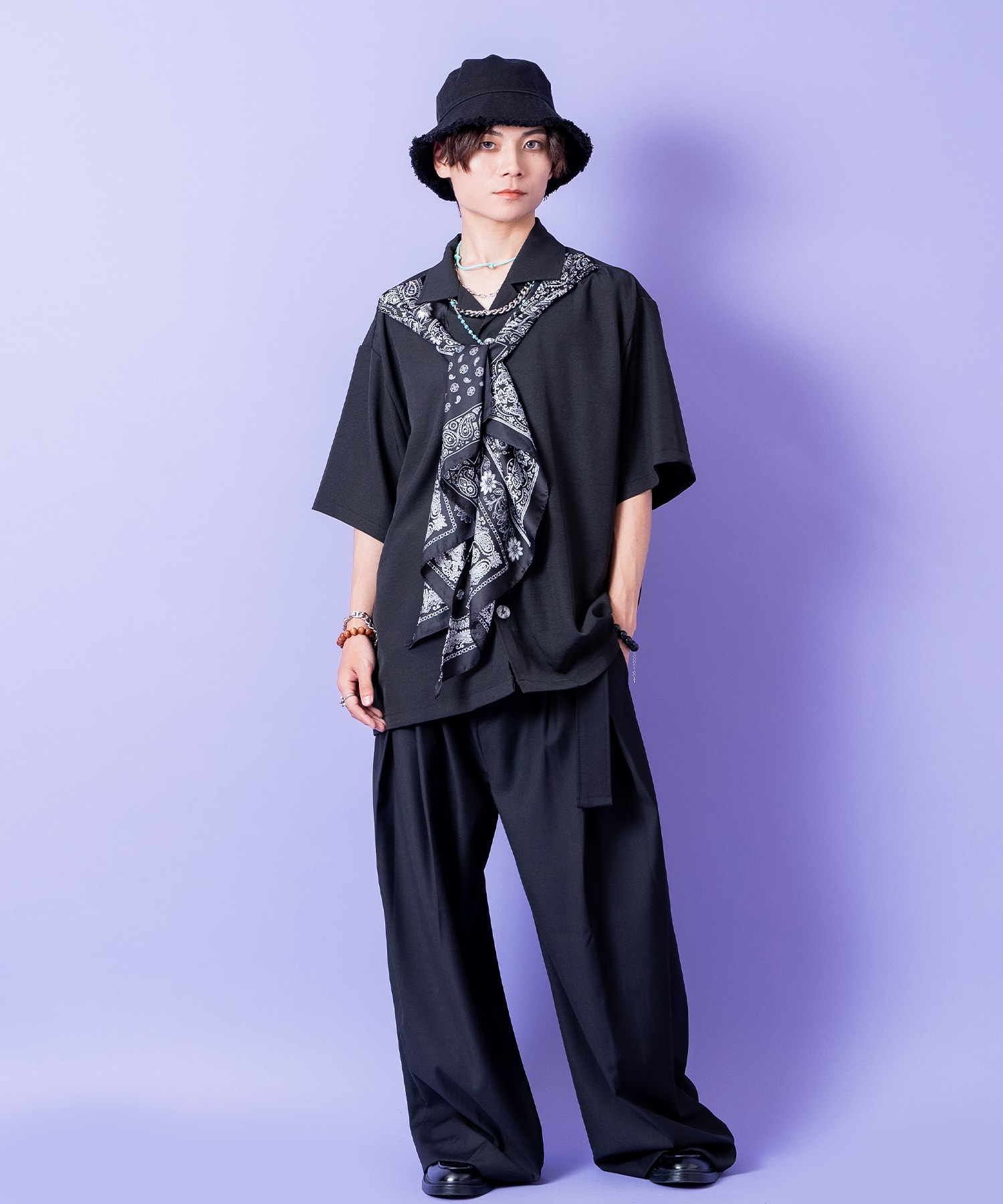 レトロ柄スカーフドッキングオーバーサイズオープンカラーシャツ