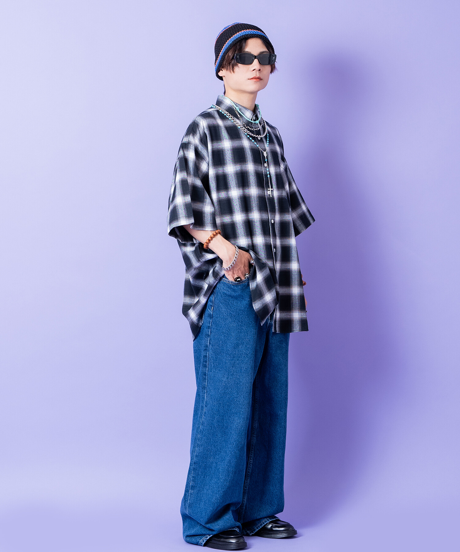 90s オンブレチェックシャツ 半袖 ブルー 半袖シャツ オンブレチェック レギュラーカラー[品番