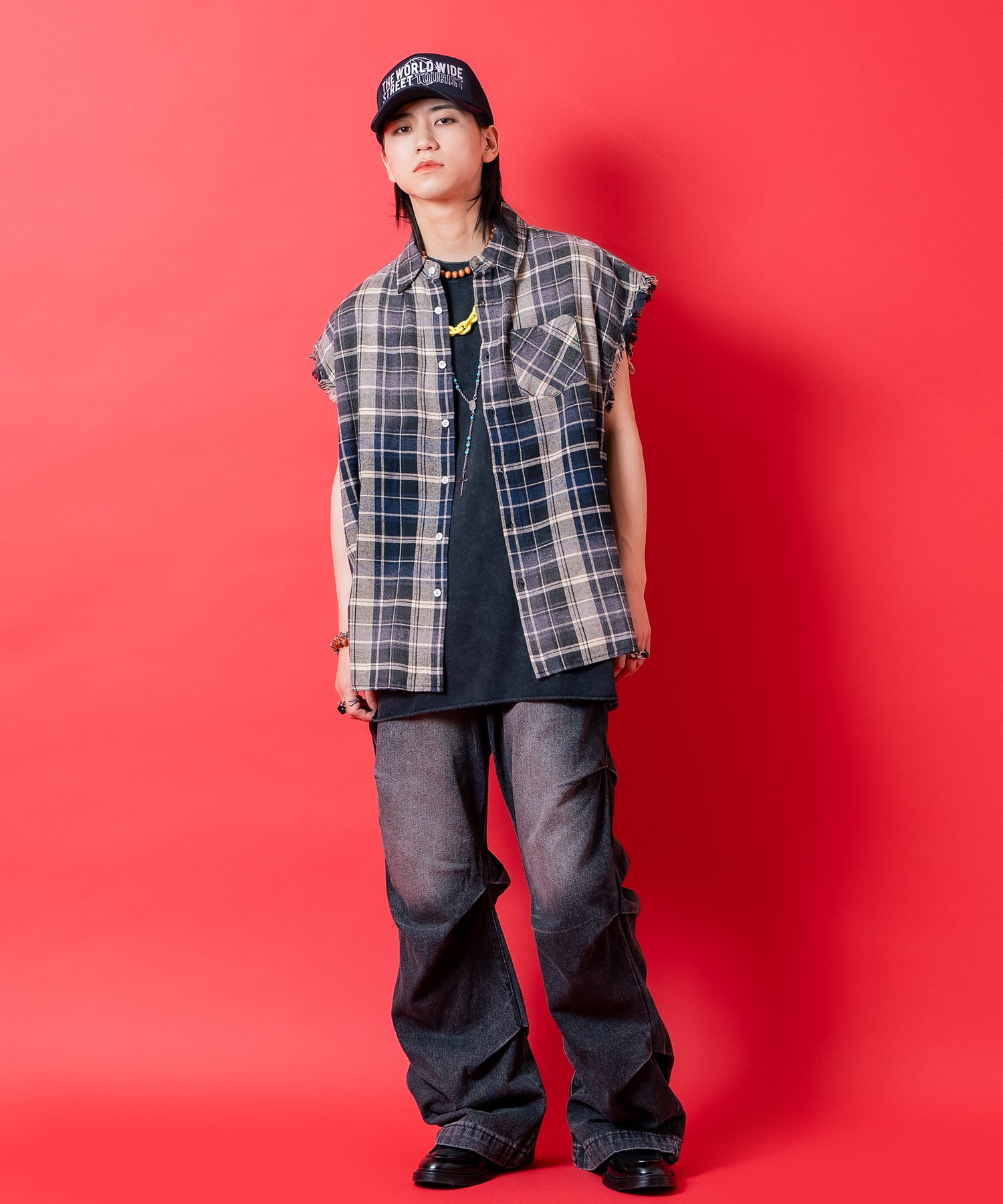 オーバーサイズダメージノースリーブチェックネルシャツ / メンズ