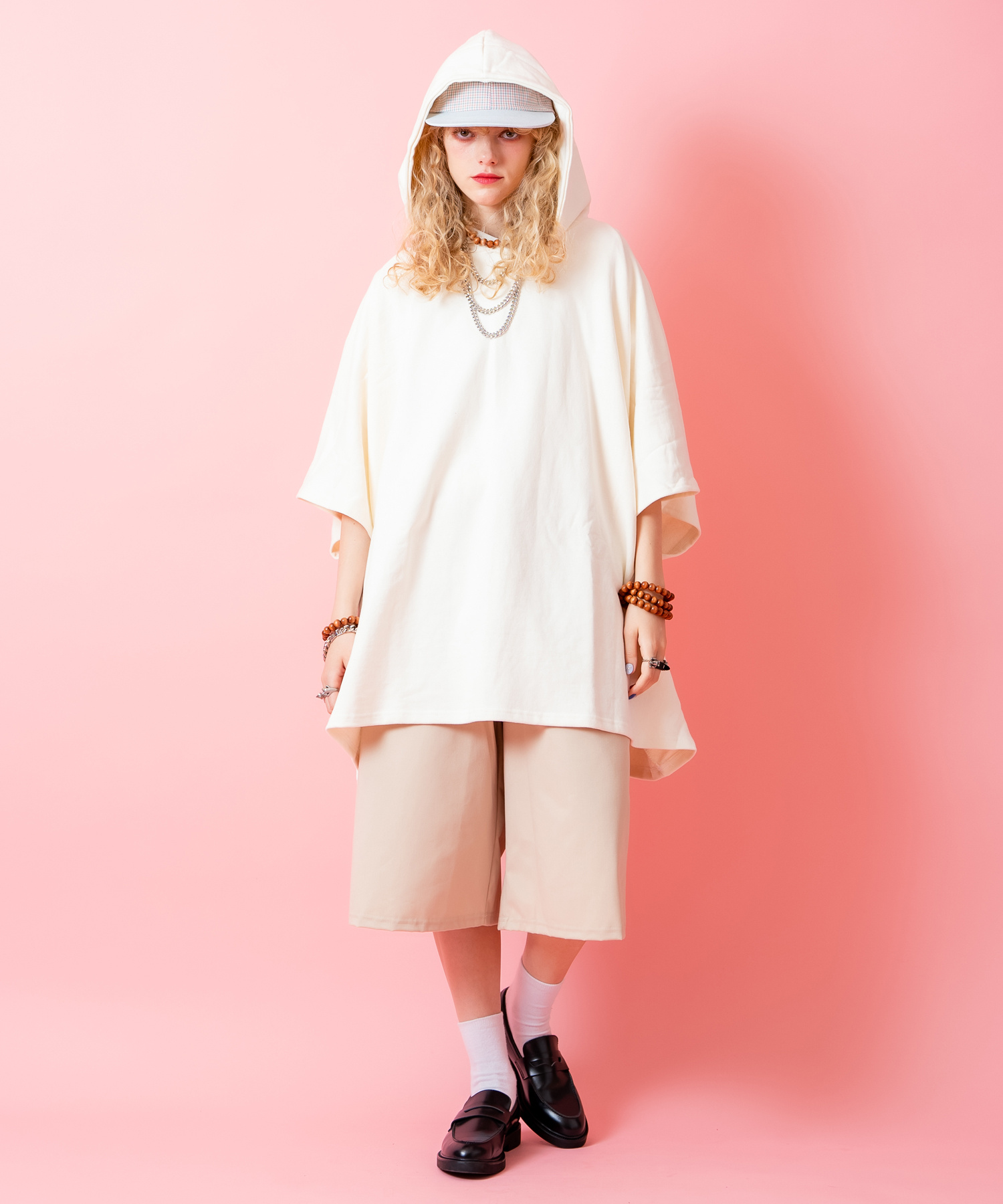 オーバーサイズスウェットポンチョプルオーバーパーカー / 半袖