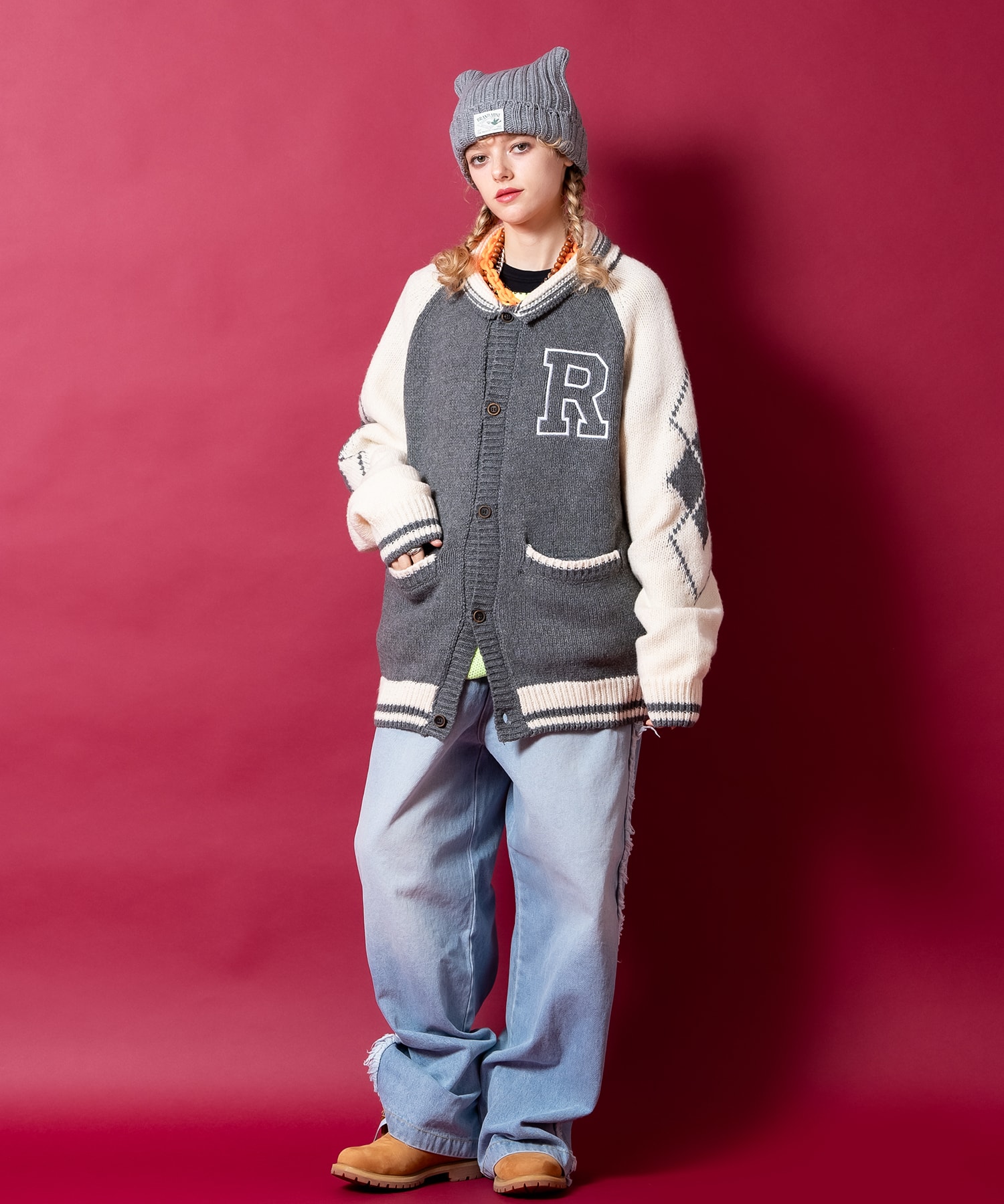 アメカジライクロゴ刺繍＆ナンバリングワッペンショールカラーニット