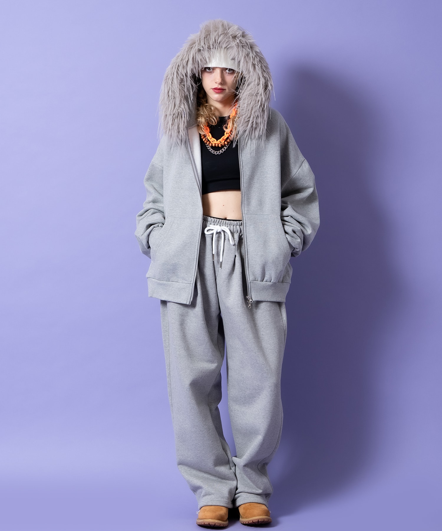 ボリュームロングファーフード裏起毛スウェットオーバーサイズ短丈